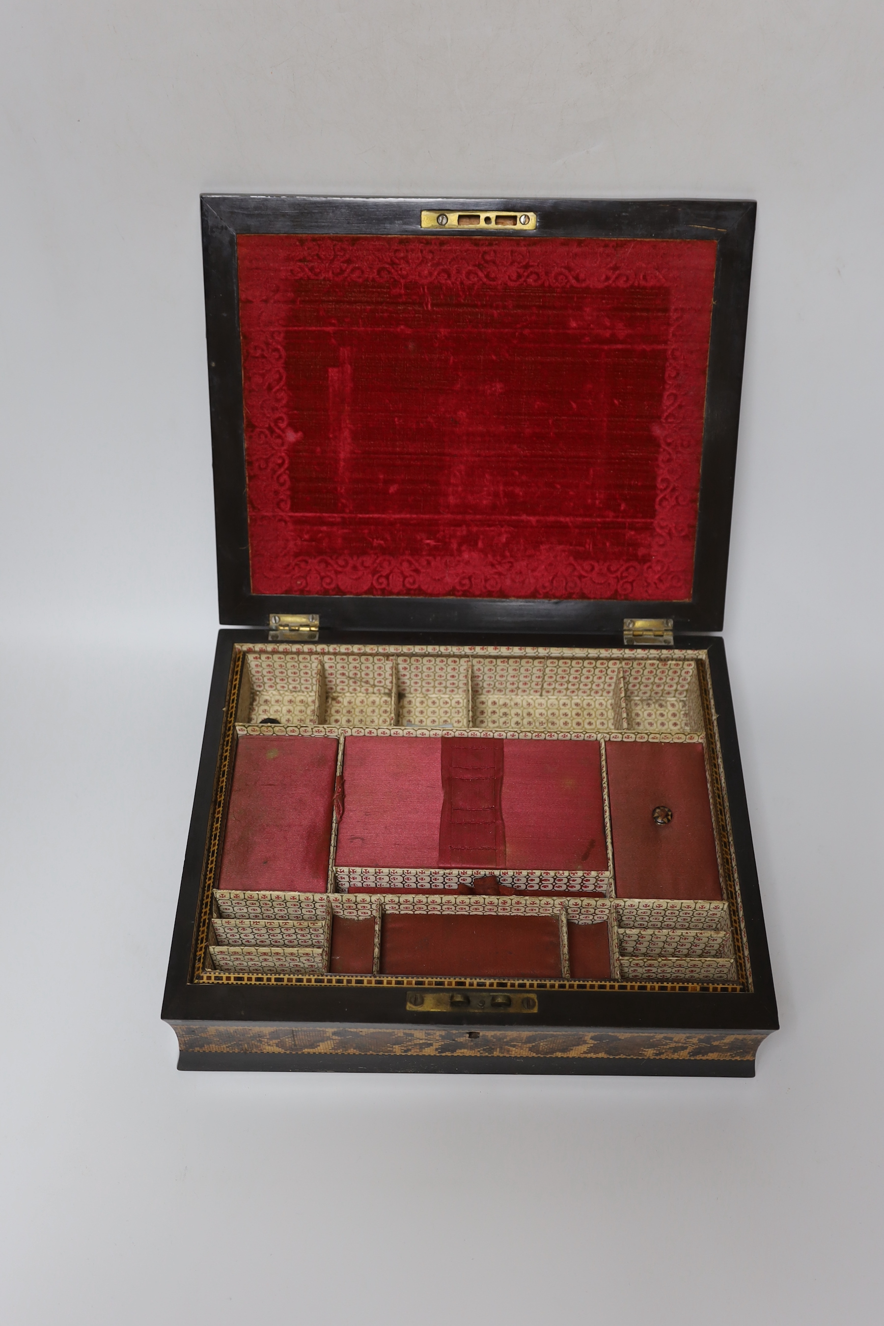 A Victorian Tunbridge Ware ebony 'Hever Castle' sewing box, 27cm wide